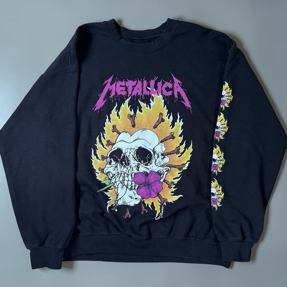 Metallica Flaming Skull Hibiscus Graphic Sweatshirt Black Mens L Pushead Style